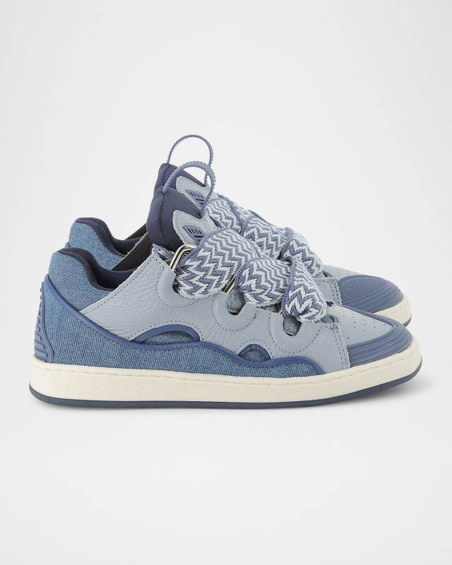 Boy's Curb Leather and Denim Chunky Low-Top Sneakers, Kids